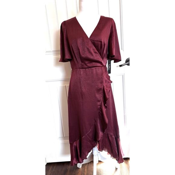 Lulu’s Faux Wrap Dress Burgandy NWT Small Bridal Shower Baby Shower Garden Party - Picture 1 of 9